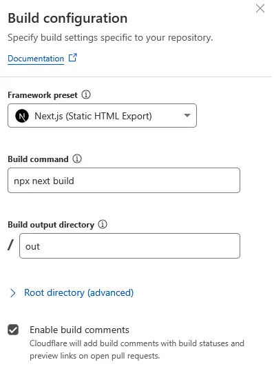Cloudflare Pages build configuration form